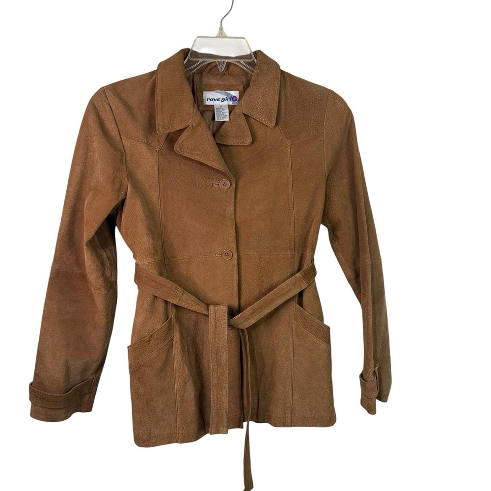 Vintage RAVE Womens Jacket XL LEATHER BELTED Coat Tan Button (see Measurements)